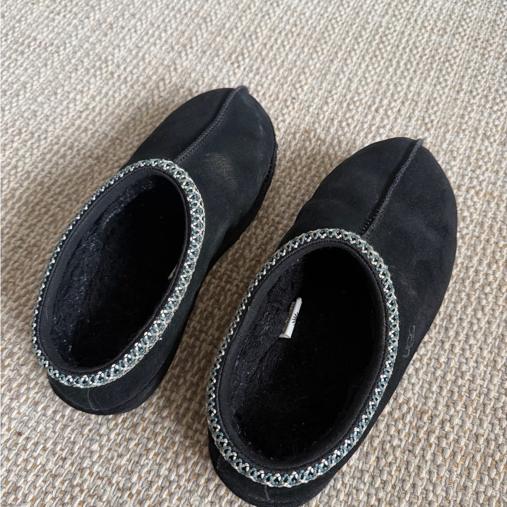 UGG Tasman Black Suede Clogs with Patterned Trim - Picture 4 of 10
